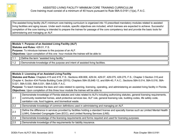 Assisted living facility core competency test