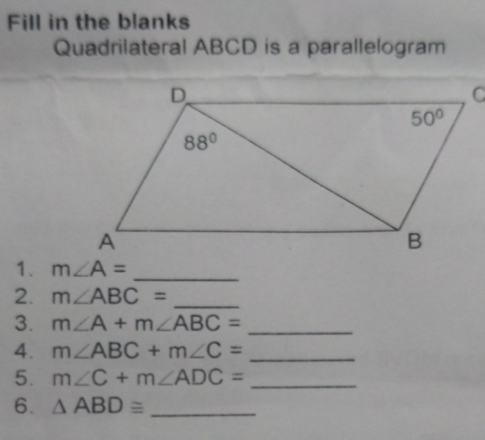 Carolyn drew a rhombus abcd. fill in the blanks.